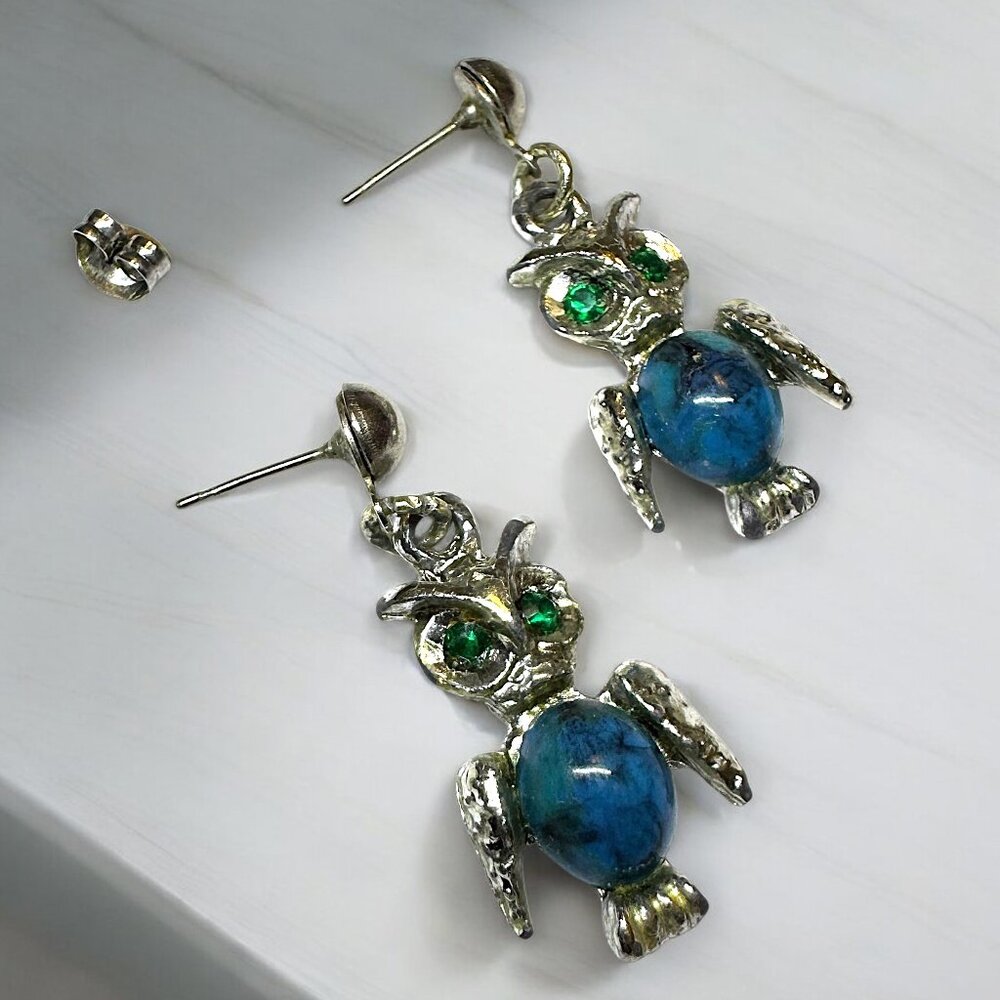 Silver Tone OWL Pierced Earrings Studs Faux Turquoise Belly Green Stones Eyes